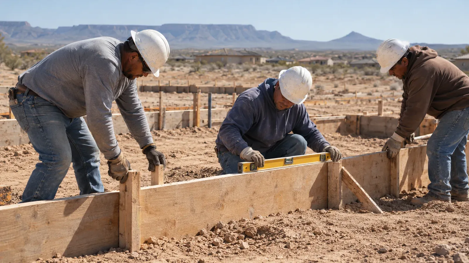Two workers in hard hats and work gloves set a wooden form board on a dirt lot while a third checks a level
