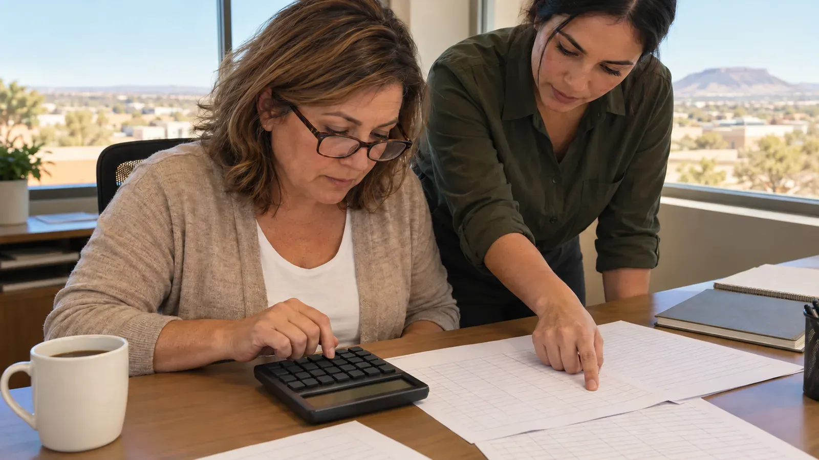 A woman with reading glasses using a calculator next to printed spreadsheets and a coffee cup on an office desk, a colleague pointing at one of the pages