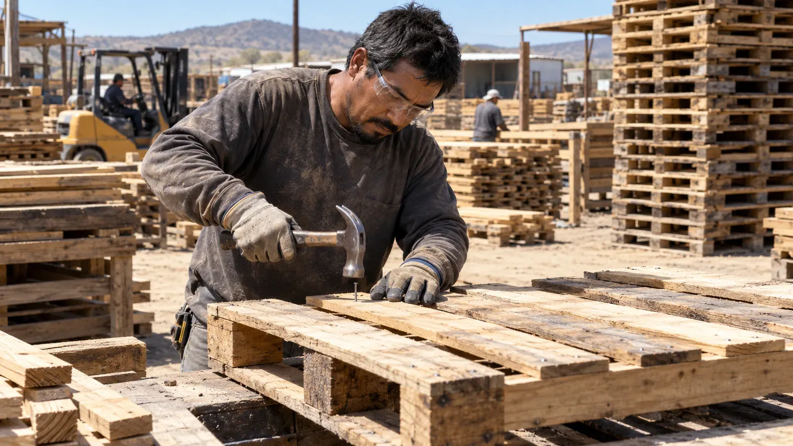 A worker in gloves and safety glasses nailing boards onto a wooden pallet on a workbench in a busy yard, stacks of lumber behind him