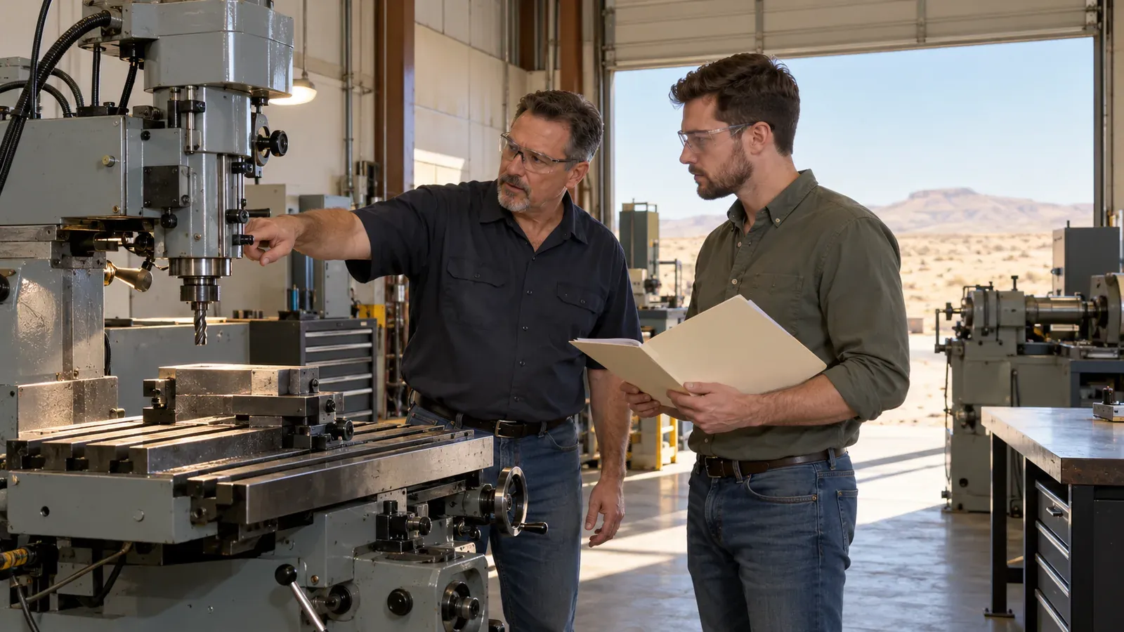 A middle aged owner walking a younger buyer through a clean machine shop, pointing at a milling machine while the buyer holds a folder of papers