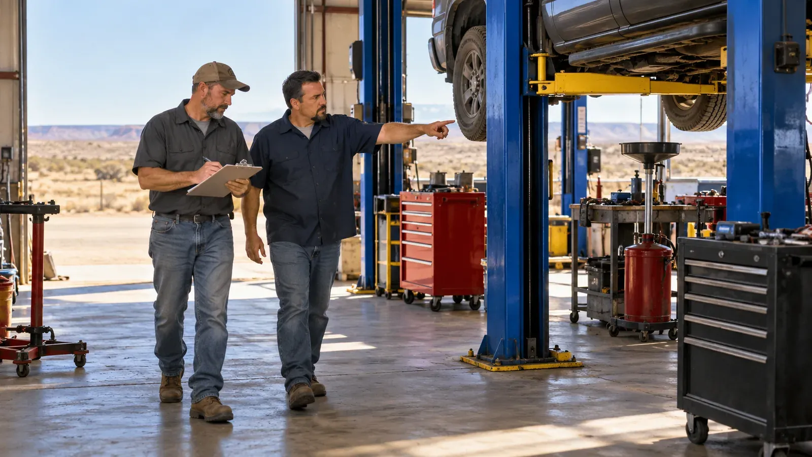 Two men in work shirts walk along a row of shop equipment with a clipboard, one pointing at a lift while the other writes notes