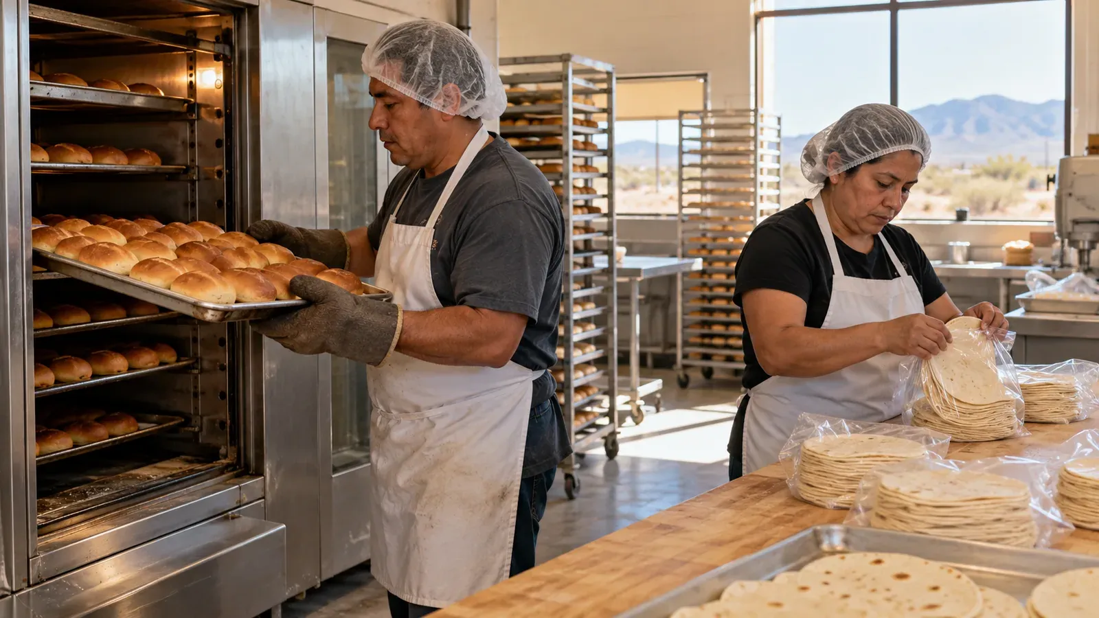 A baker in an apron and hairnet lifting a tray of fresh bread rolls from a rack oven while a coworker stacks warm tortillas into bags